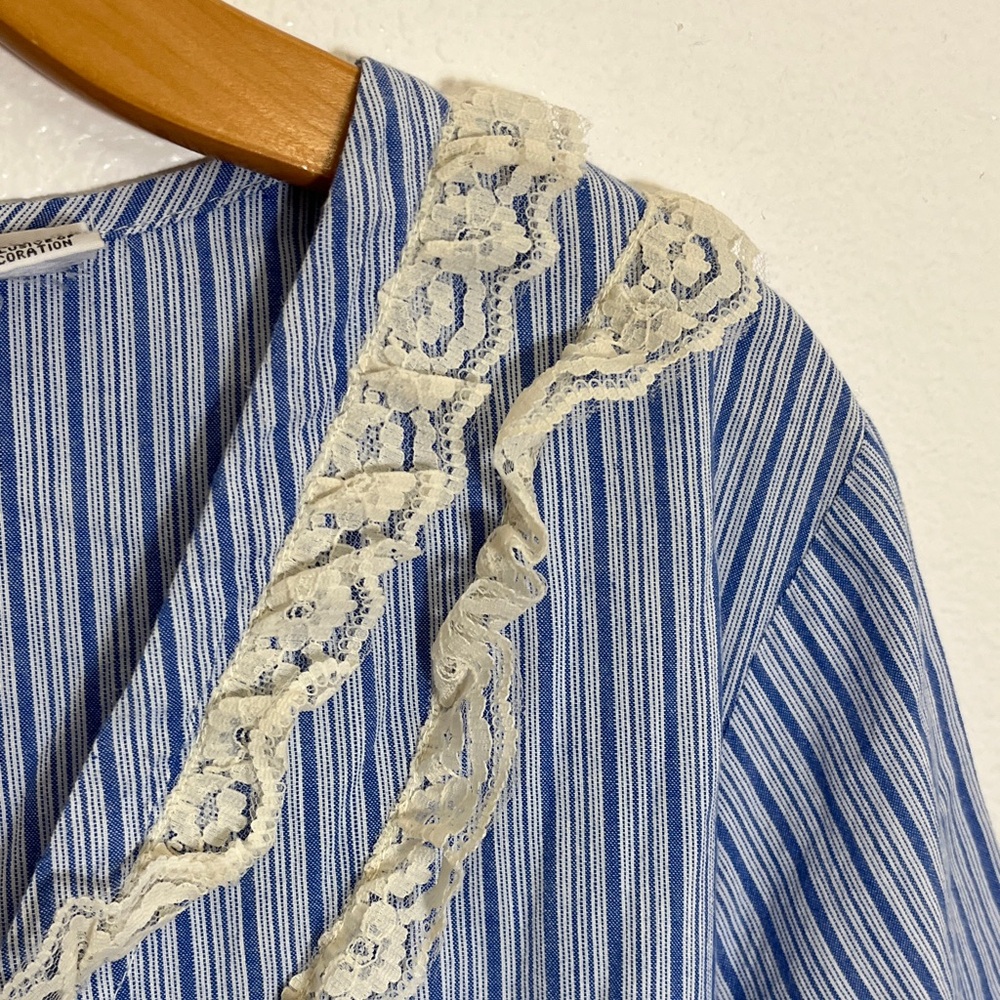 Denim 24/7 Blue Cotton Plus Size Striped Cream Lace-Trim Peasant Top - Picture 4 of 11